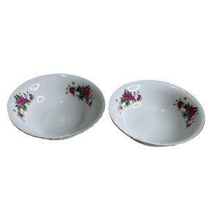 Vintage Floral Porcelain Serving Bowls Roses Gold Trim Set of 2 White Pink Green
